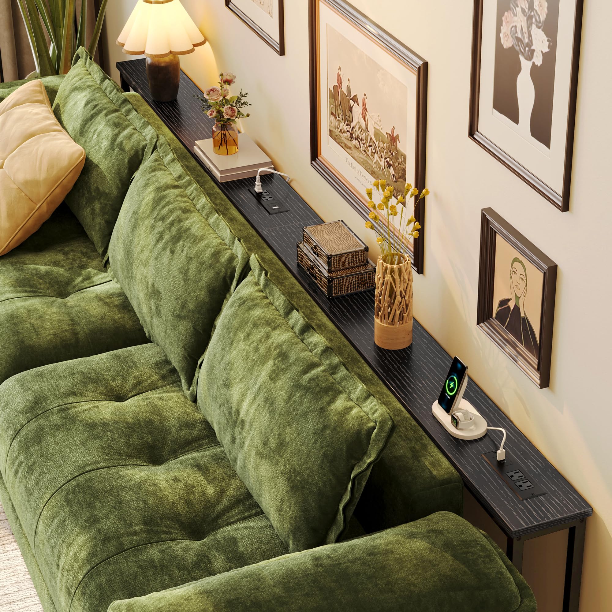 Huuger 110.2-inch sofa table front view shows built-in outlets within reach.