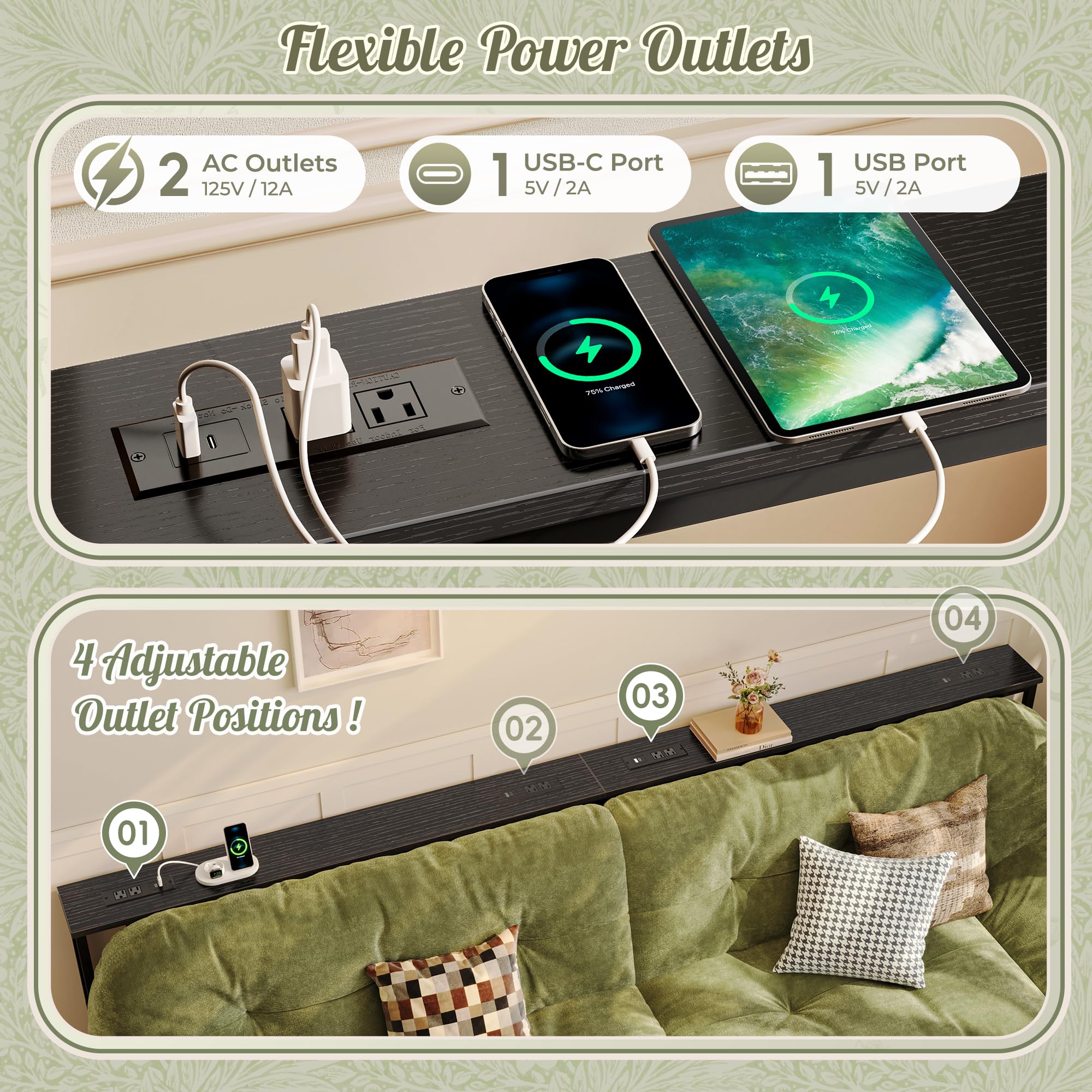 Huuger 110.2-inch sofa table features USB-C and USB-A ports for devices.