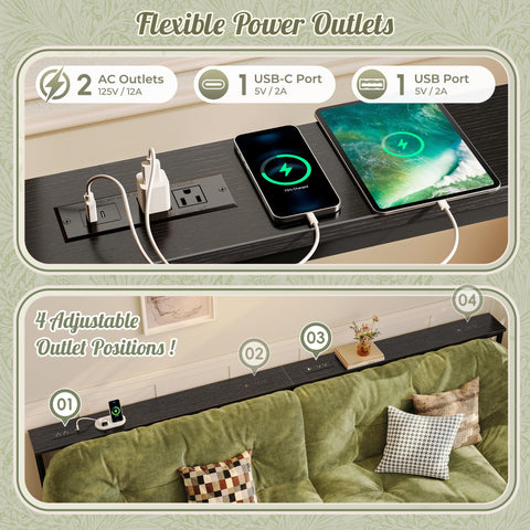Huuger 110.2-inch sofa table features USB-C and USB-A ports for devices.