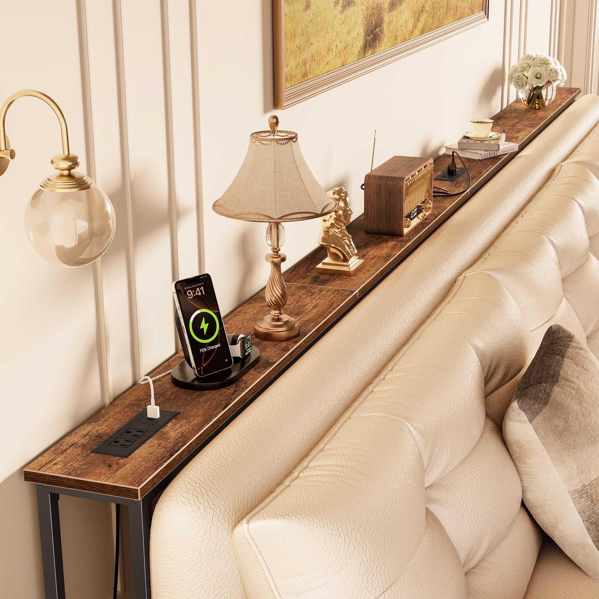 Huuger 118-inch sofa table with power outlets for convenient charging behind the sofa.