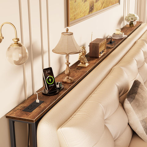 Huuger 118-inch sofa table with power outlets for convenient charging behind the sofa.