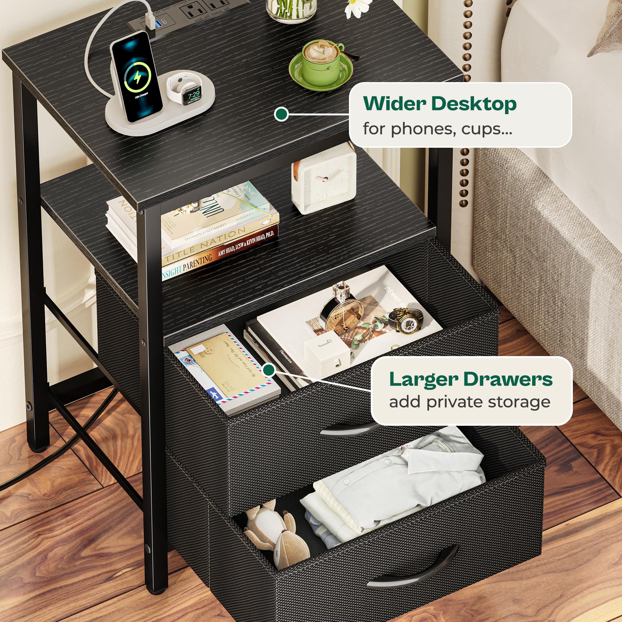 Adjustable feet stabilize the nightstand on uneven floors