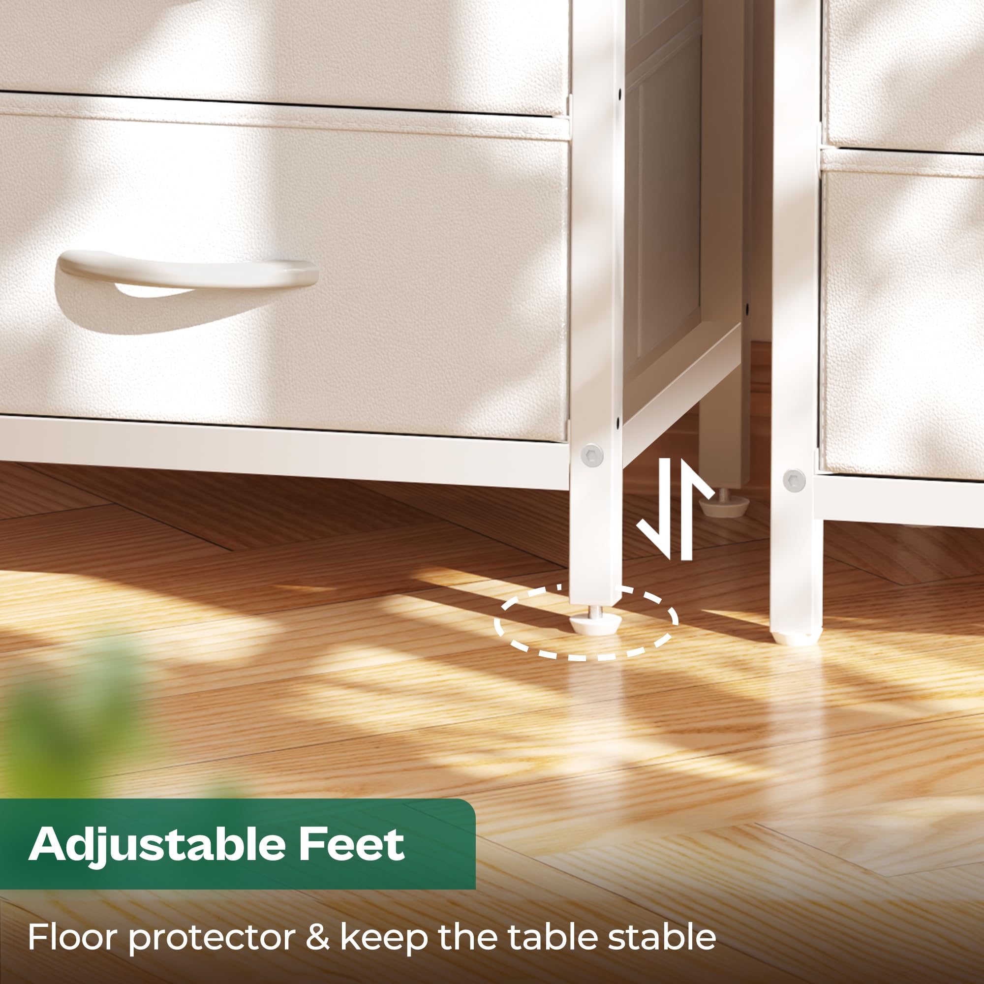 Huuger adjustable feet protect floors and prevent wobble.