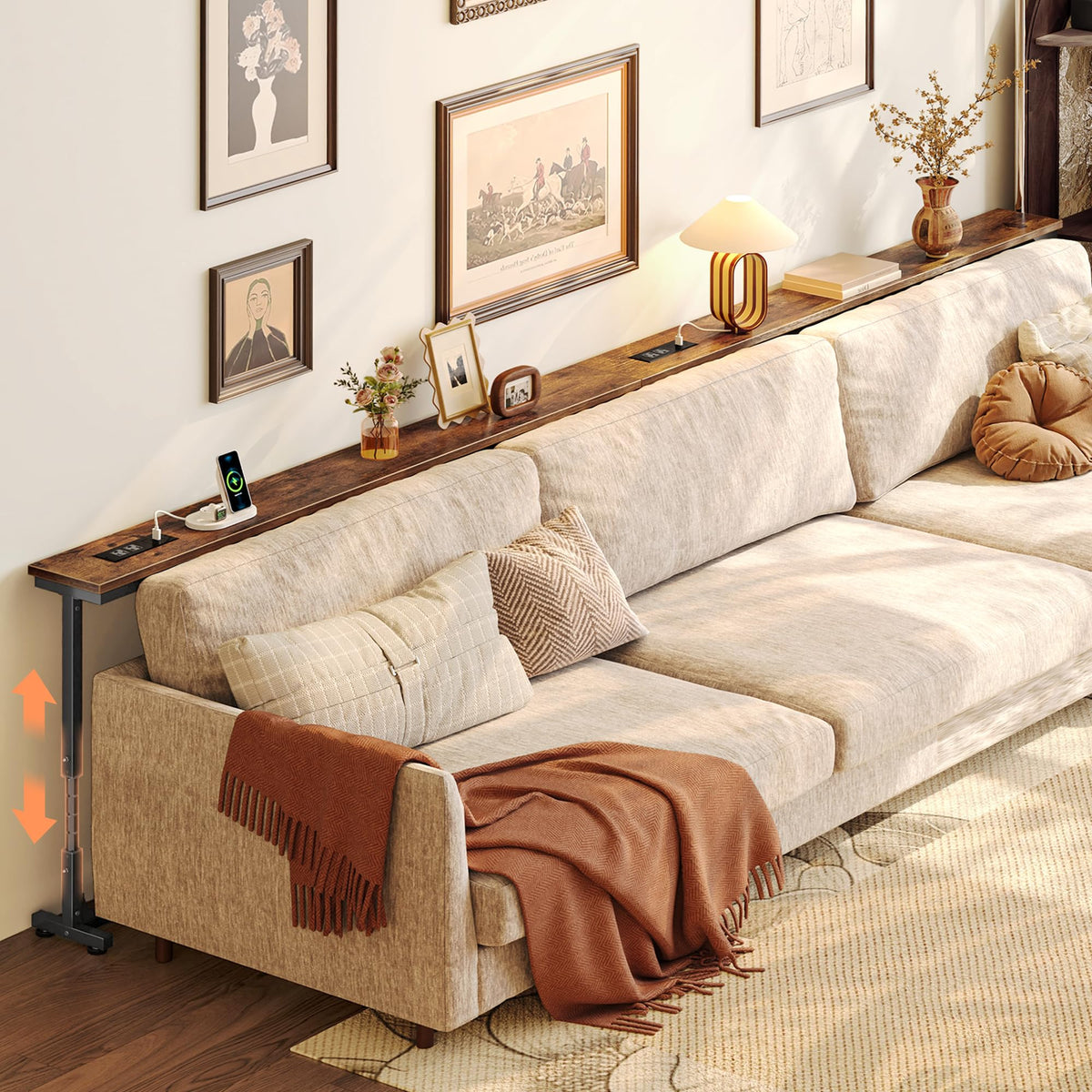 Huuger behind-couch table with power outlets keeps devices within easy reach.