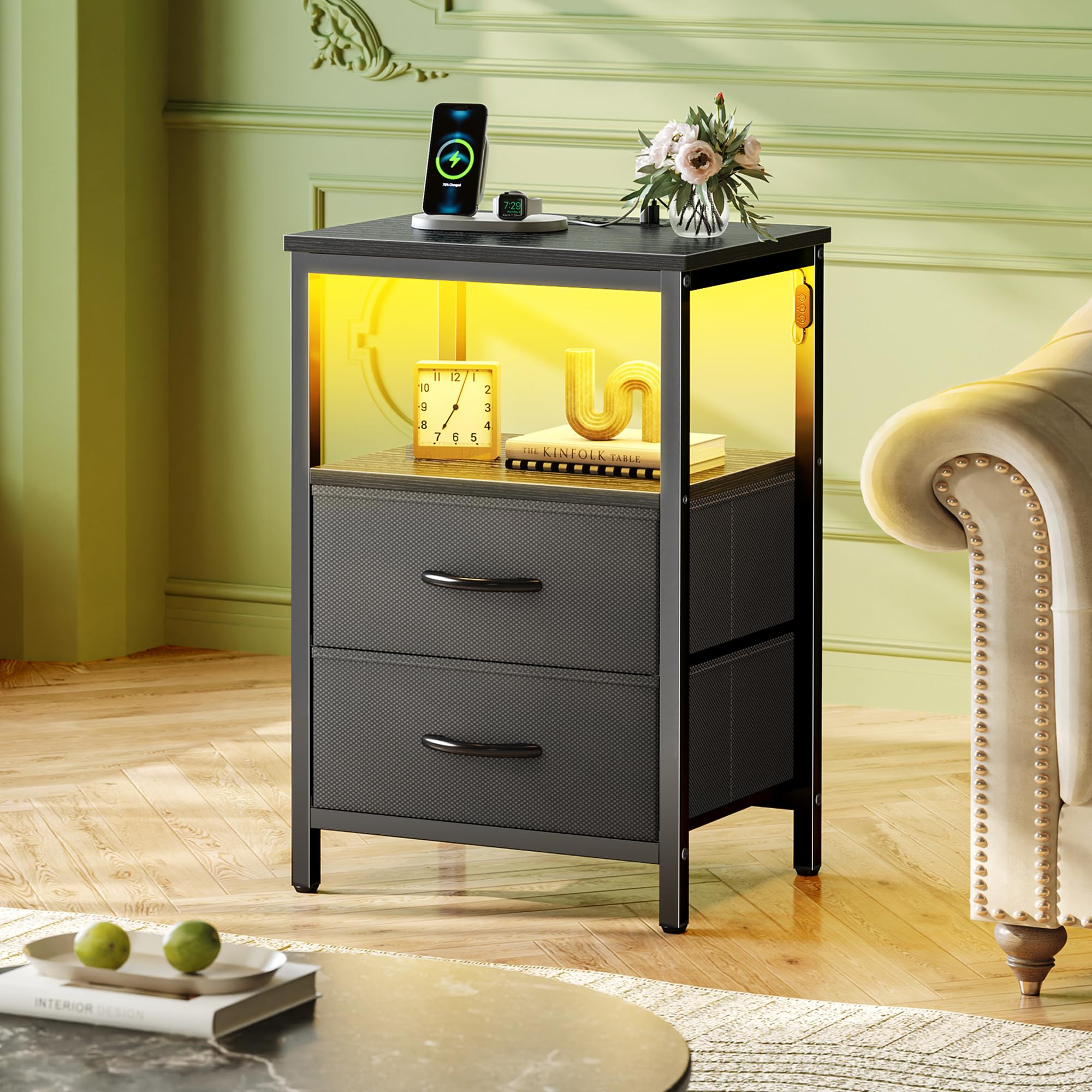 Black finish Huuger nightstand complements modern interiors