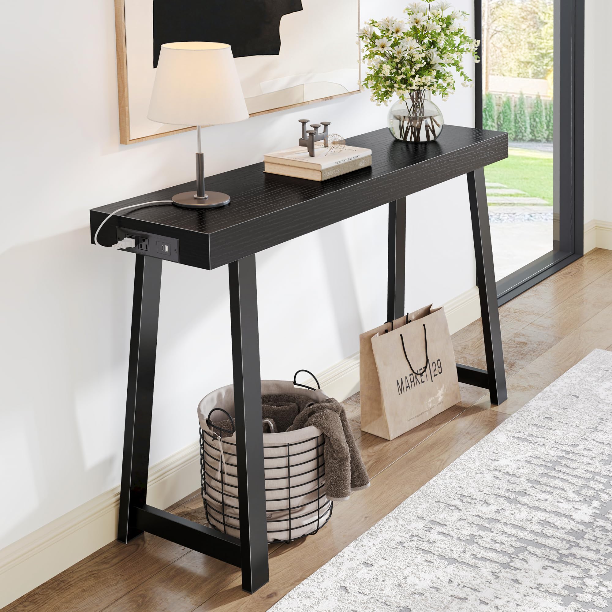Huuger entryway console table with side charging station powers devices