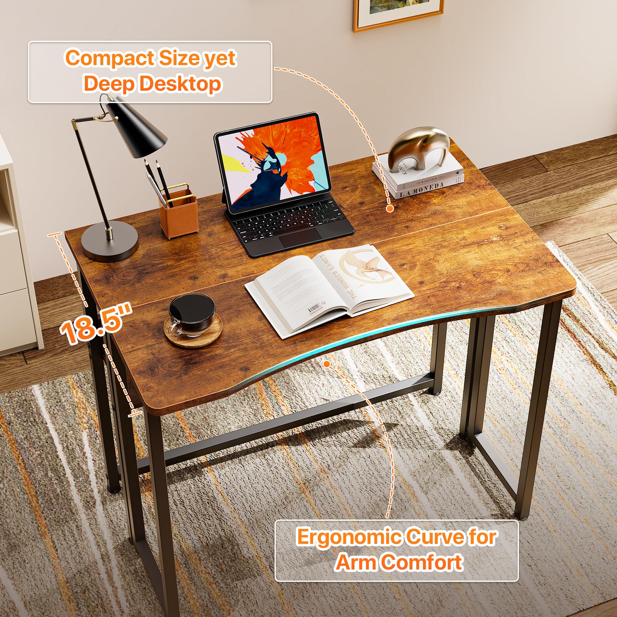 Huuger folding desk 18.9-inch deeper desktop supports laptop and books.