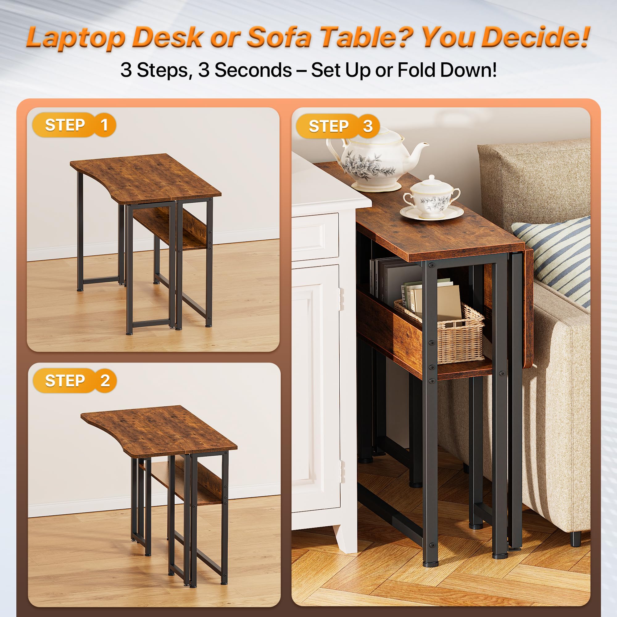 Huuger folding desk side-table use with storage near sofa.
