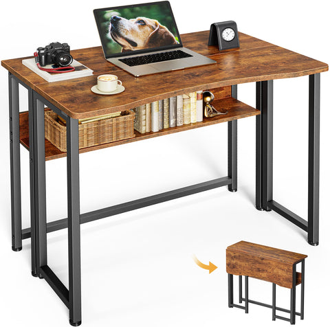 Huuger folding desk with storage shelf compact closed view for tight spaces.