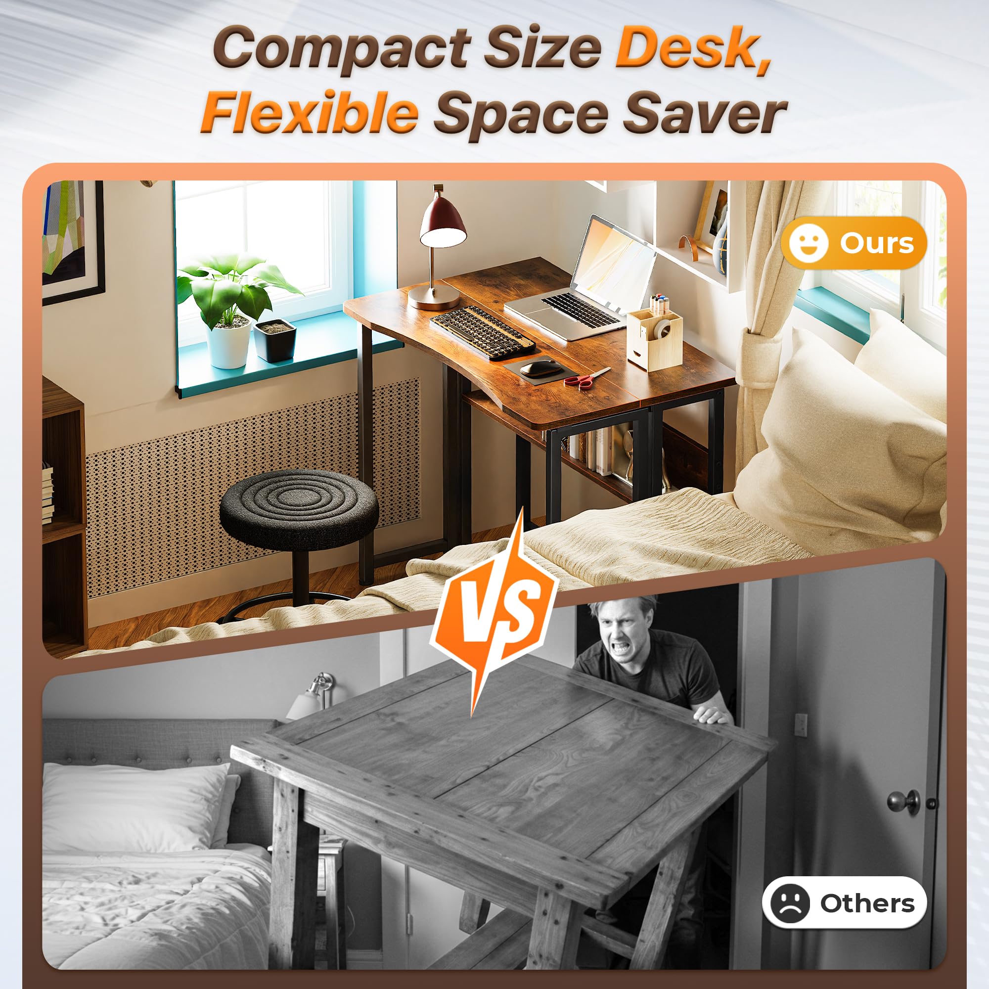 Huuger folding desk storage shelf open top view highlights workspace and shelving.