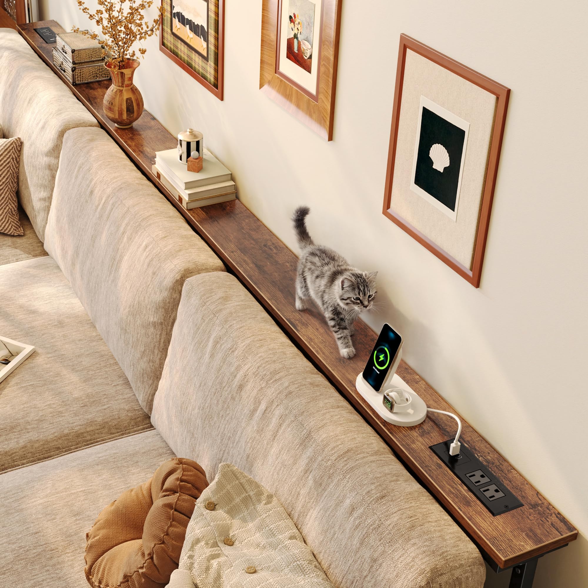 Huuger height-adjustable behind-couch table aligning with sofa height for comfort.
