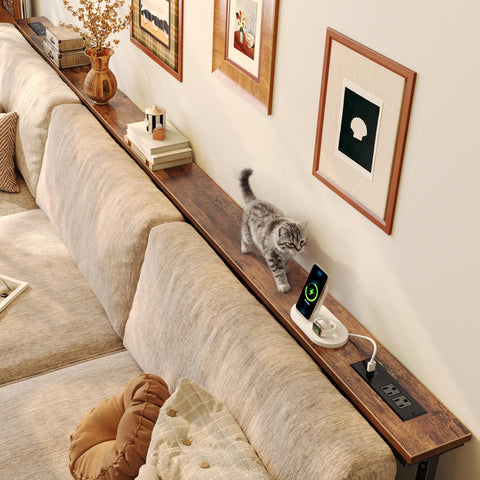 Huuger height-adjustable behind-couch table aligning with sofa height for comfort.