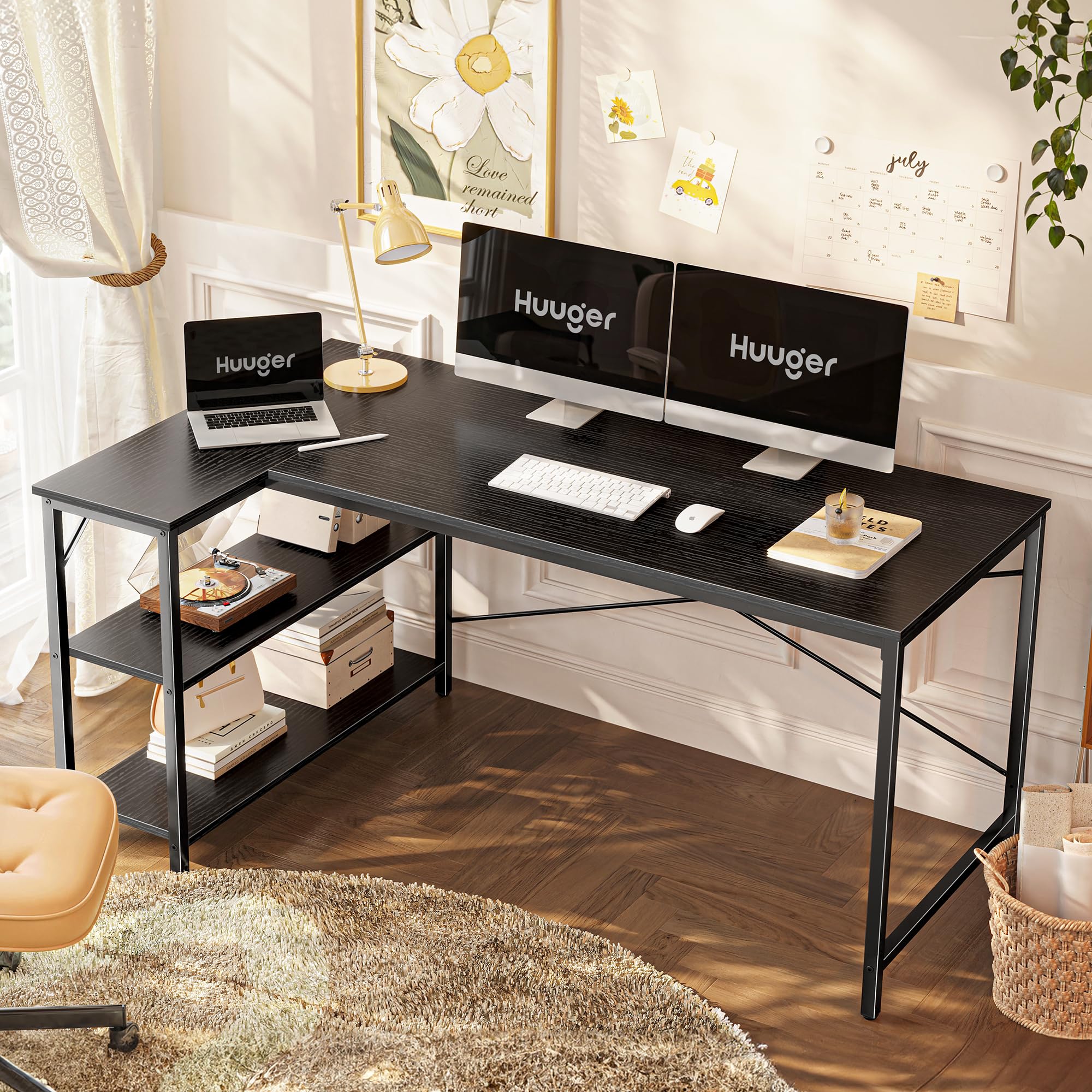Huuger L Shaped Desk right view with reversible shelves for flexible room layout at home