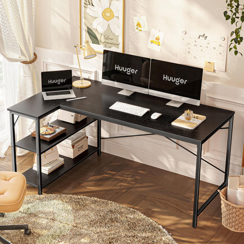 Huuger L Shaped Desk right view with reversible shelves for flexible room layout at home