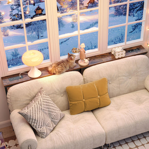 Long 78.7-inch Huuger console surface behind the couch for extended seating space.