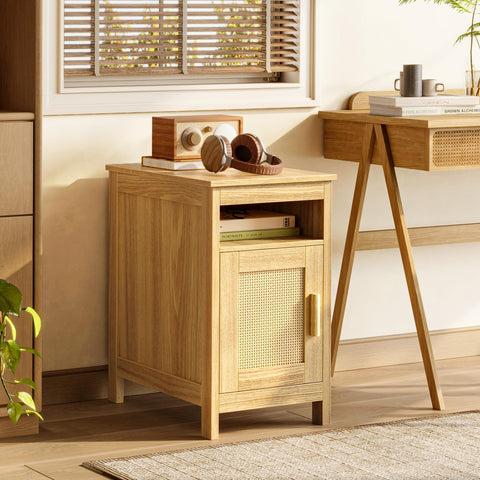 Huuger narrow night stand natural finish matches modern interiors.