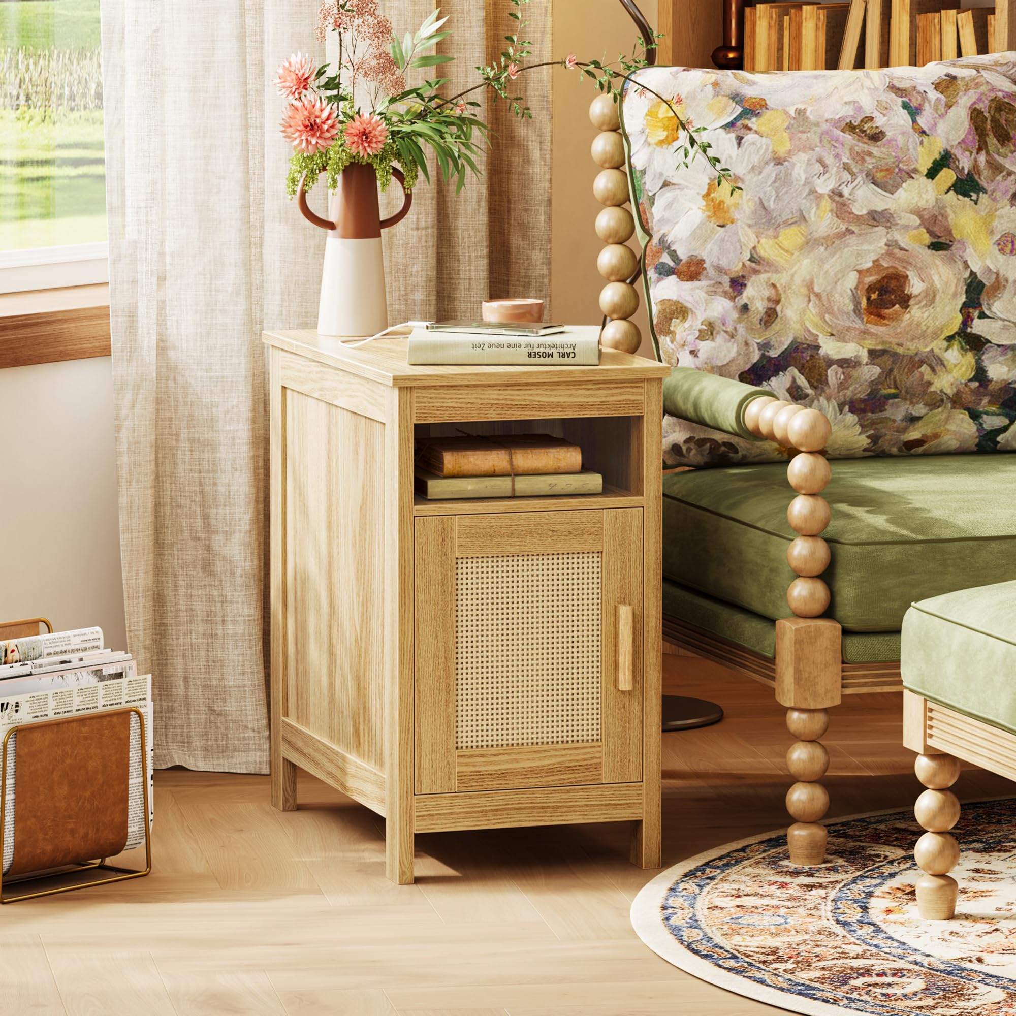 Huuger narrow night stand weave door adds vintage texture.
