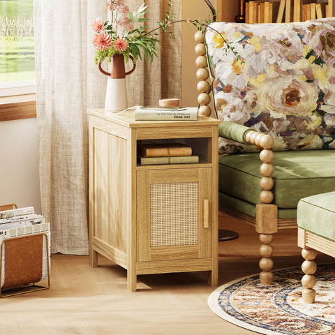 Huuger narrow night stand weave door adds vintage texture.