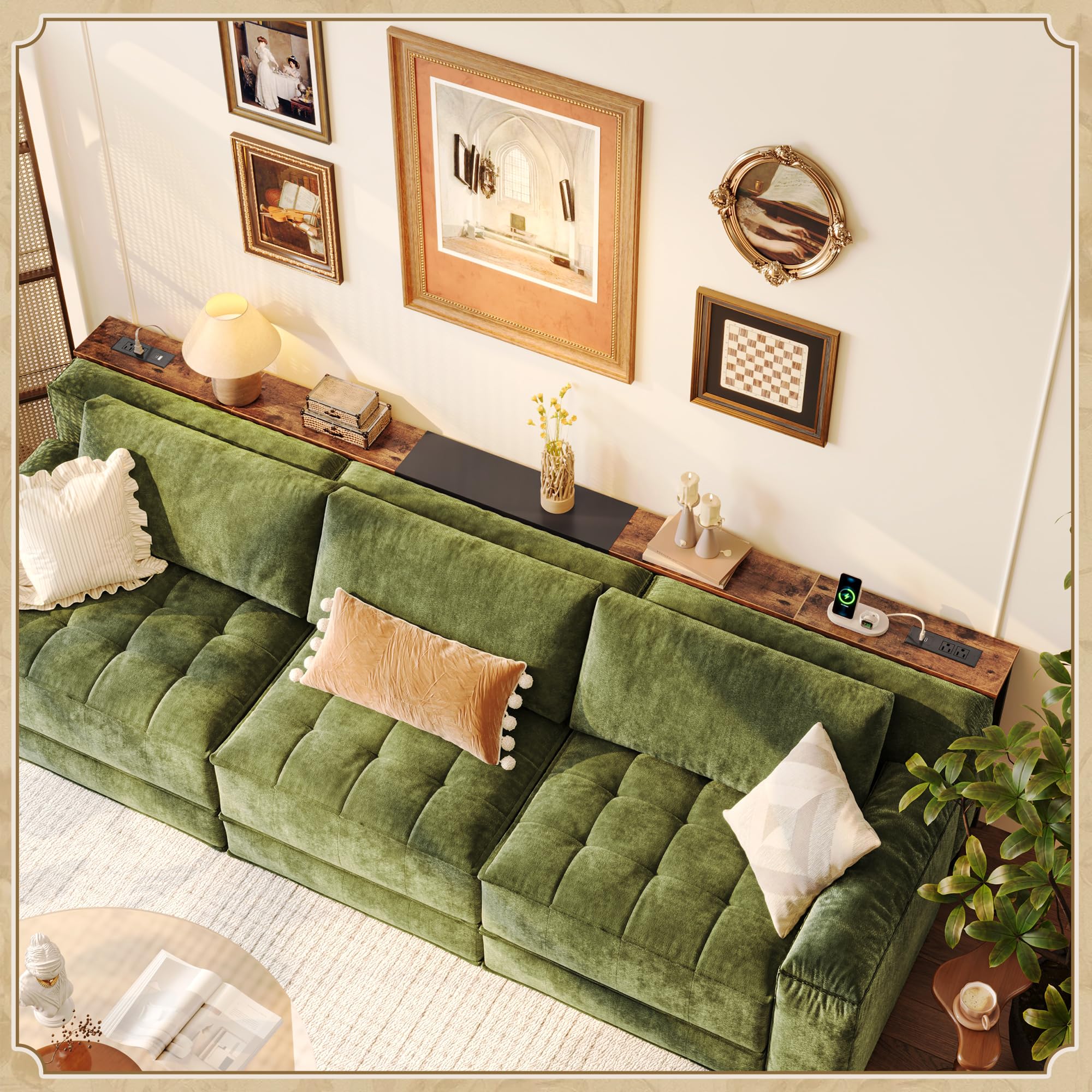 Huuger narrow sofa table behind couch organization highlights discreet storage.