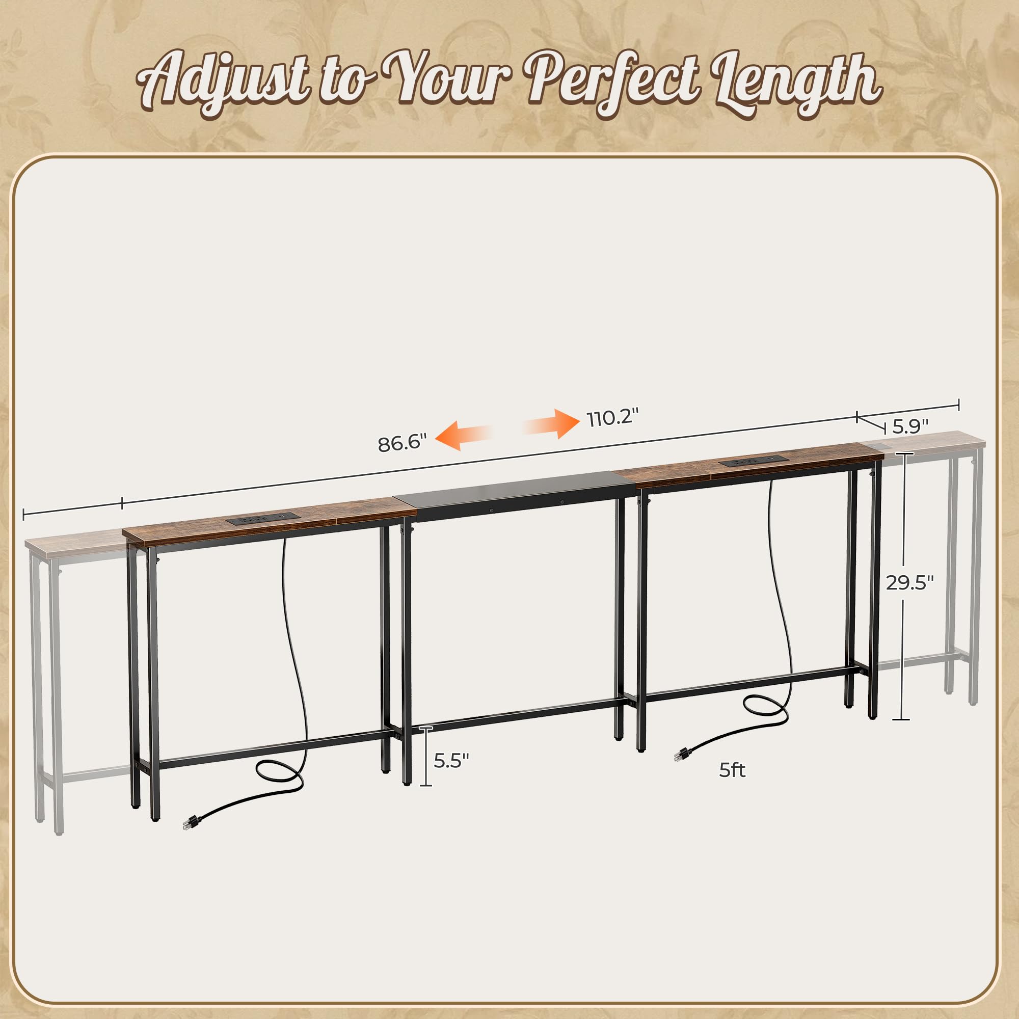 Huuger narrow sofa table USB-C port enables fast device recharge from seating position.