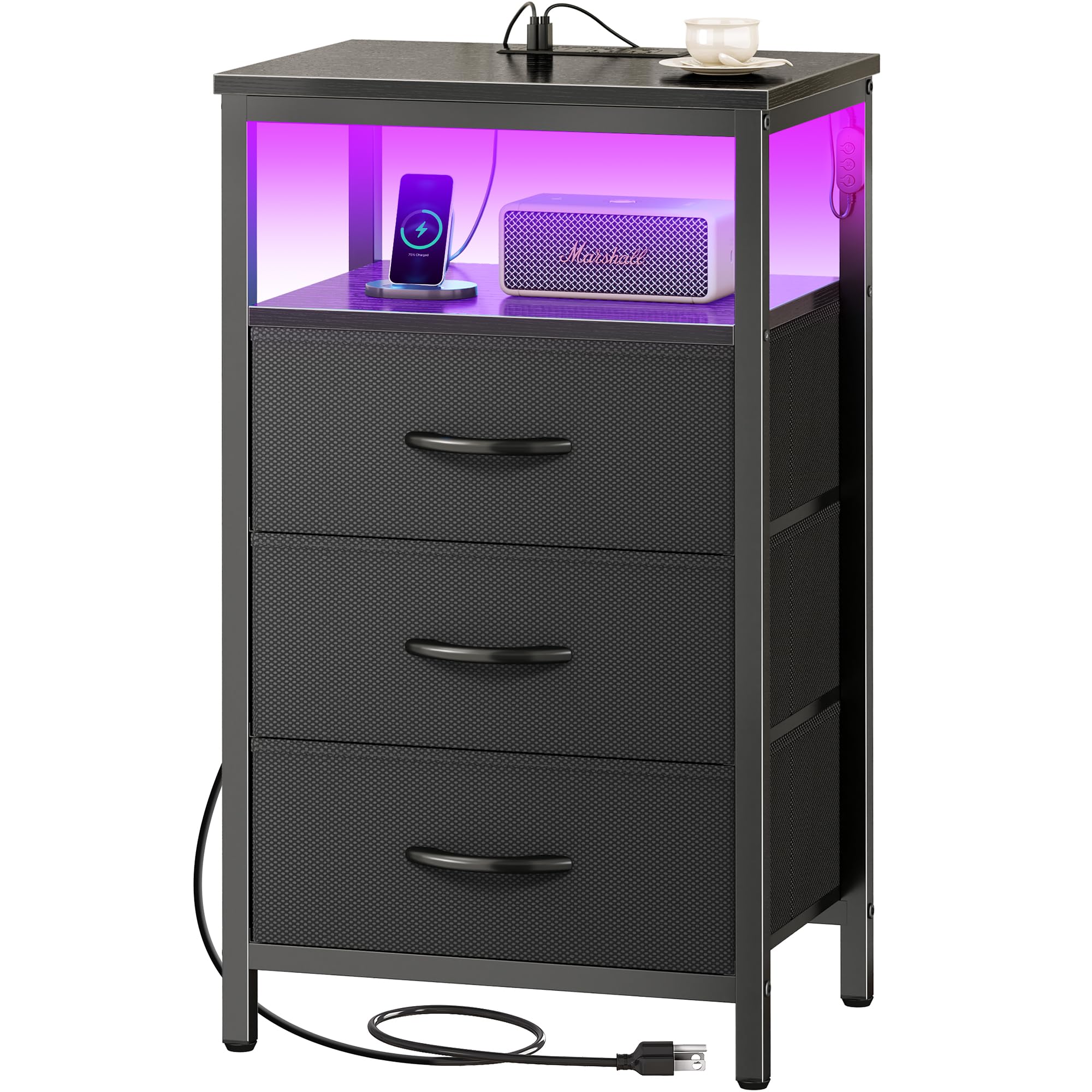 Huuger night stand with charger and LED lighting for bedside convenience and charging.