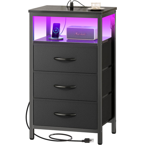 Huuger night stand with charger and LED lighting for bedside convenience and charging.