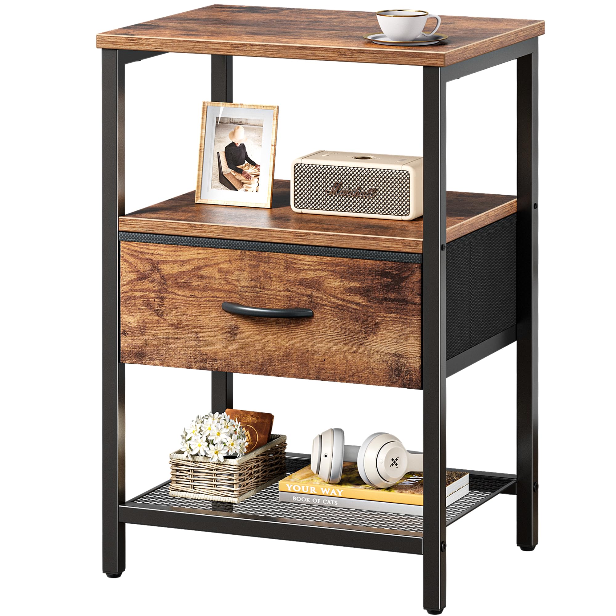 Huuger night stand with fabric drawer front for organized bedside storage.