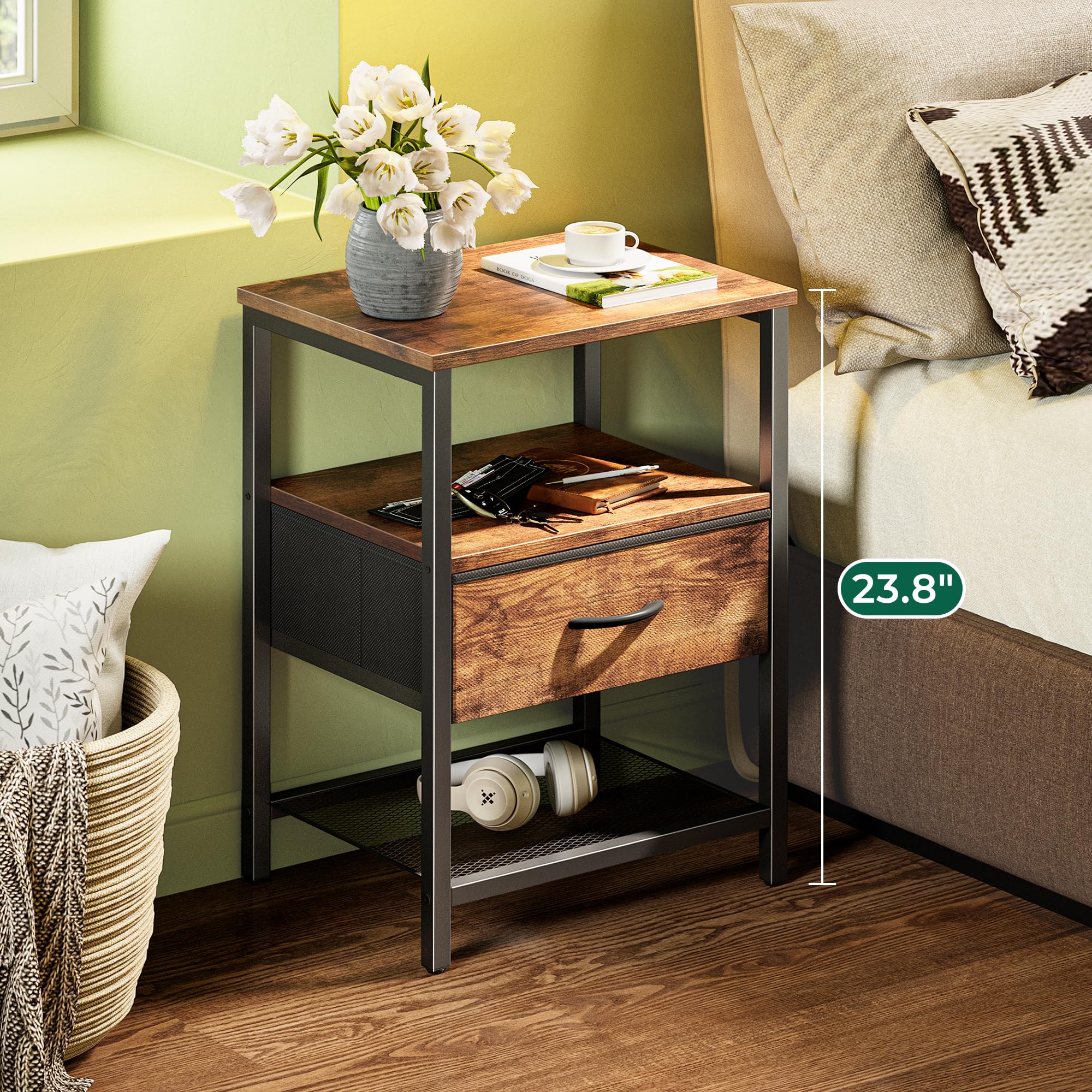 Huuger night stand mesh shelf enhances display and airflow in living spaces.