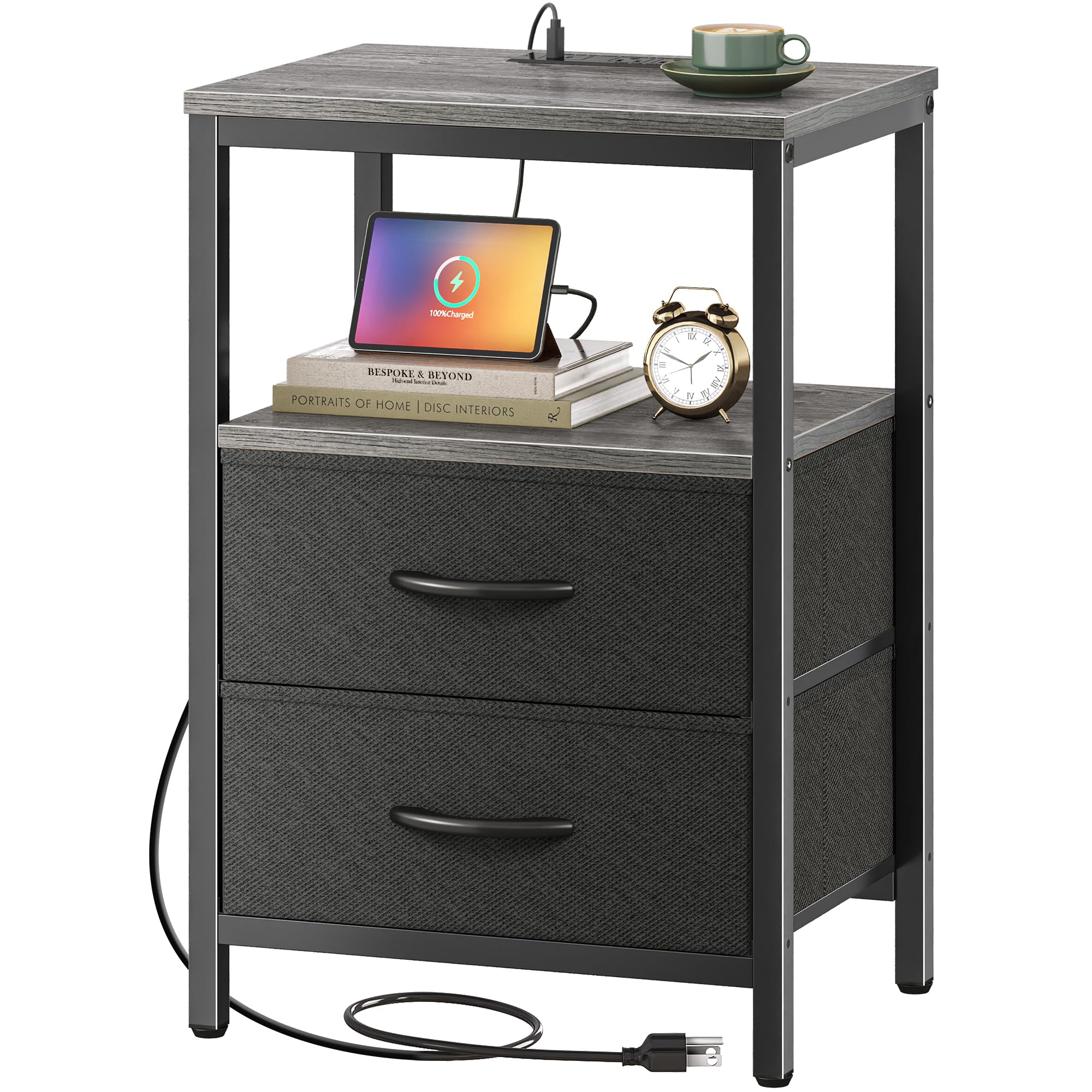 Huuger nightstand in a charcoal gray bedroom scene.