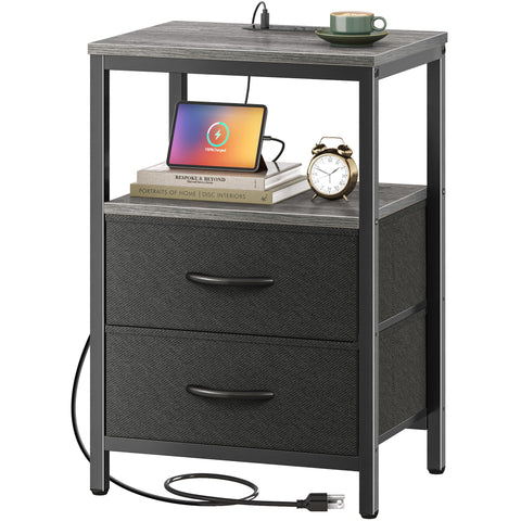Huuger nightstand in a charcoal gray bedroom scene.