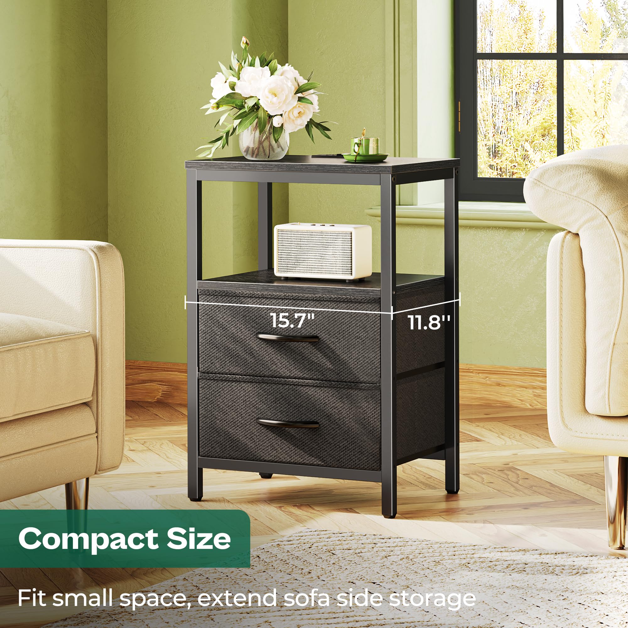 Huuger nightstand in black finish beside a bed