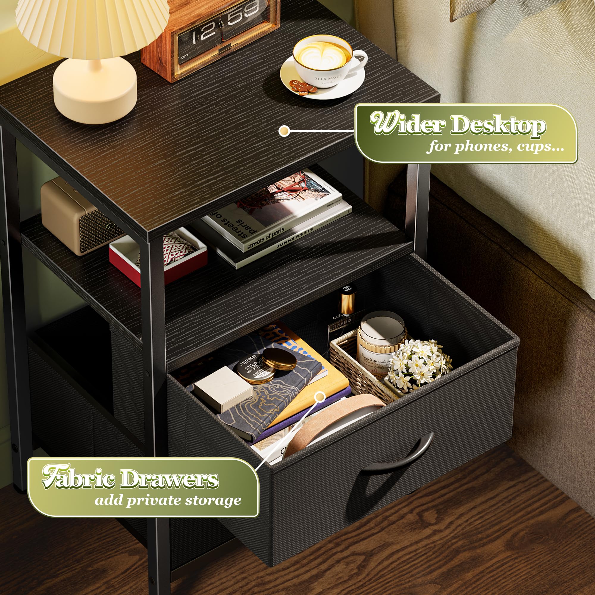 Huuger nightstand in black with adjustable feet for stable placement