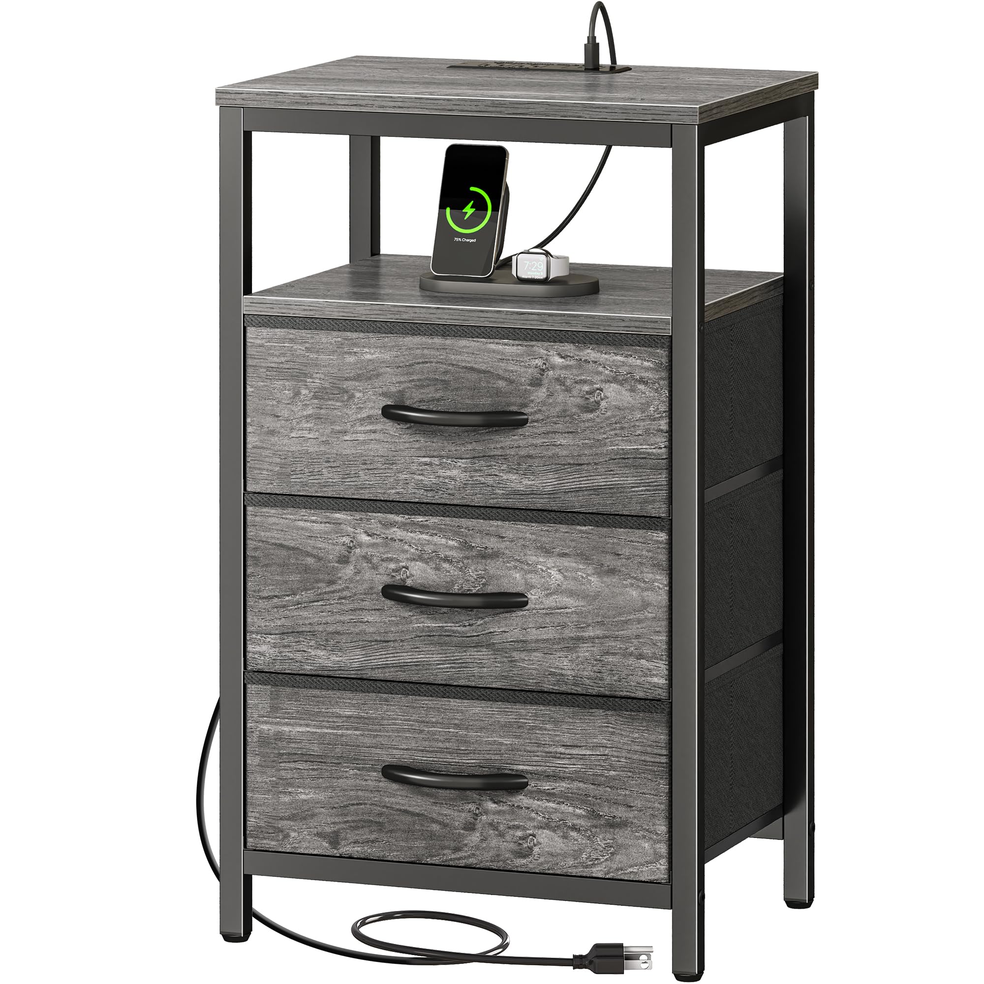 Huuger nightstand top view with charging station and outlets for bedside ease.