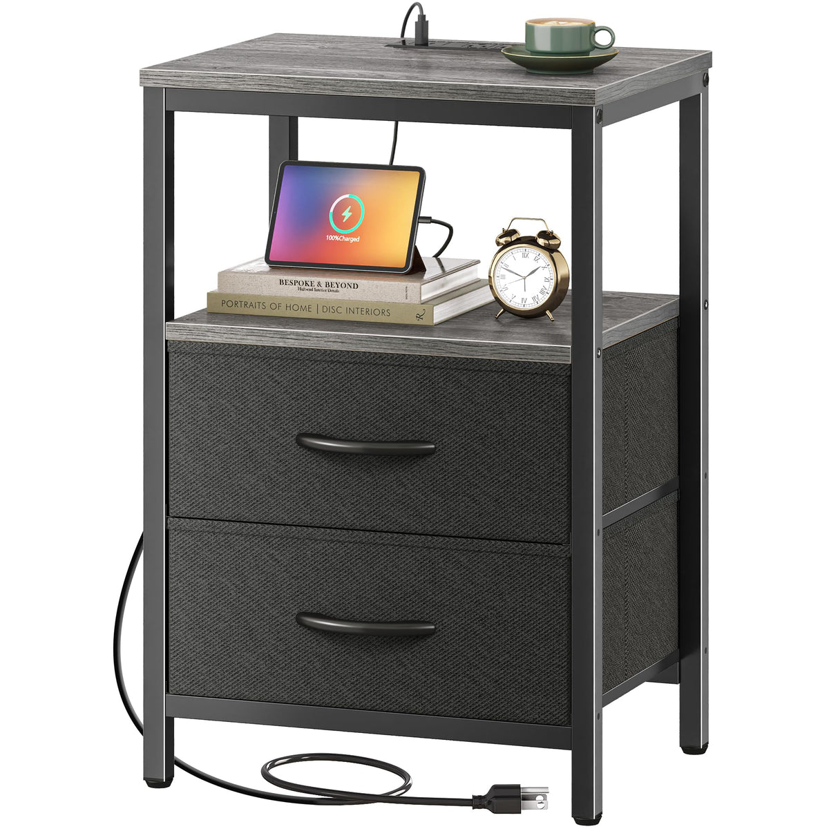 Huuger nightstand with charging station beside the bed keeps devices powered.