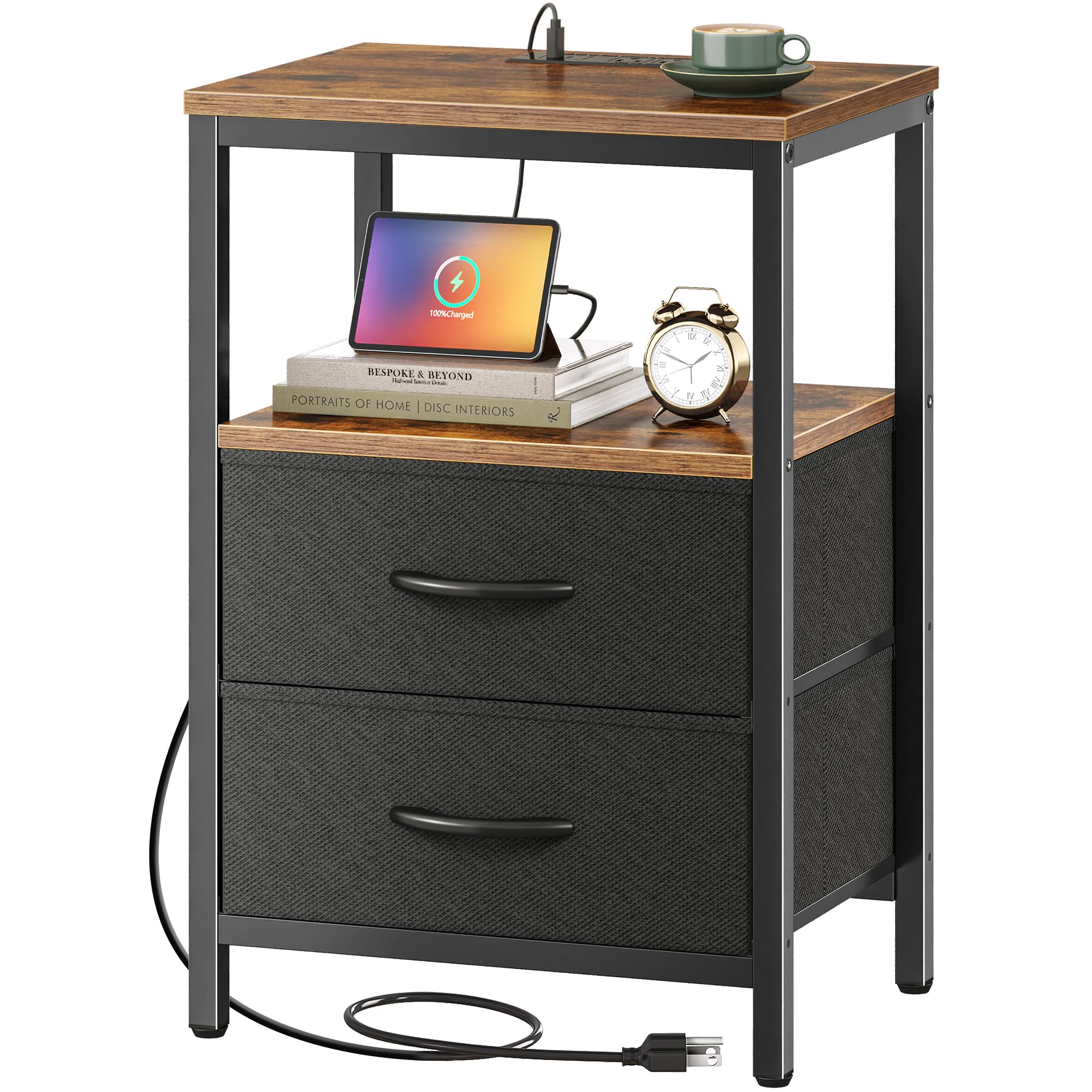 Huuger nightstand with charger station front view showing USB ports for easy bedside charging