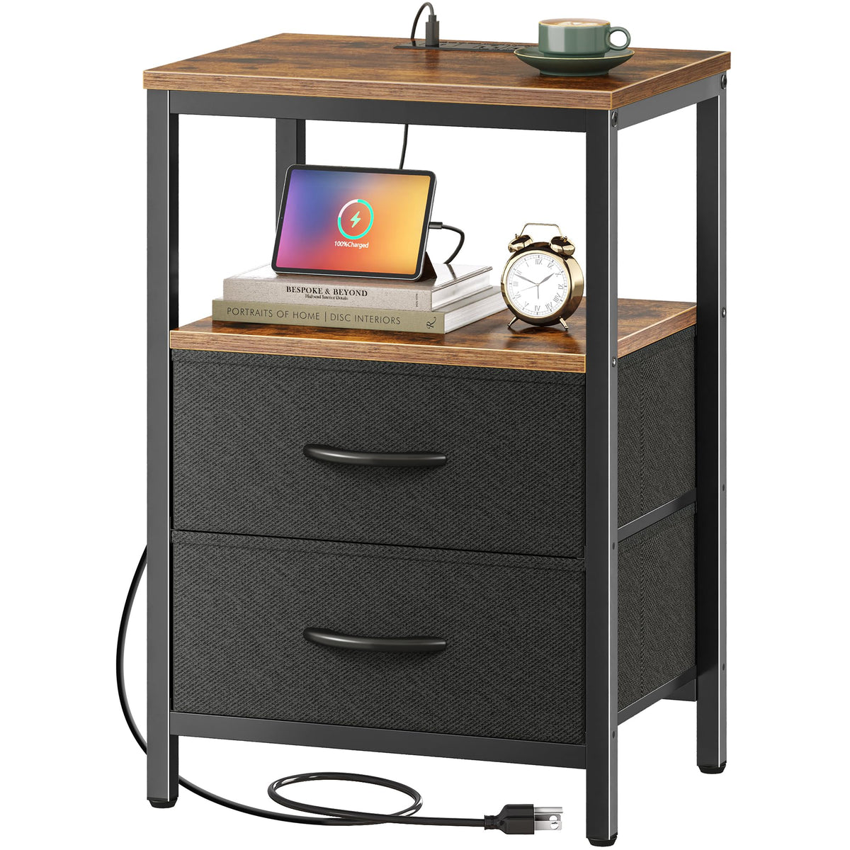 Huuger nightstand with charger station front view showing USB ports for easy bedside charging