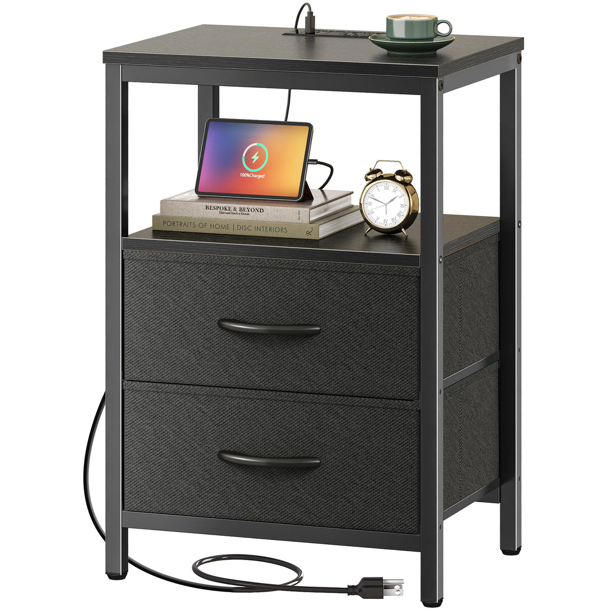 Huuger nightstand charging station closeup with outlets for bedside power