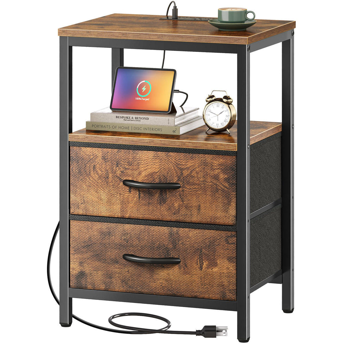 Huuger nightstand with charging station enables easy bedside charging and organization.