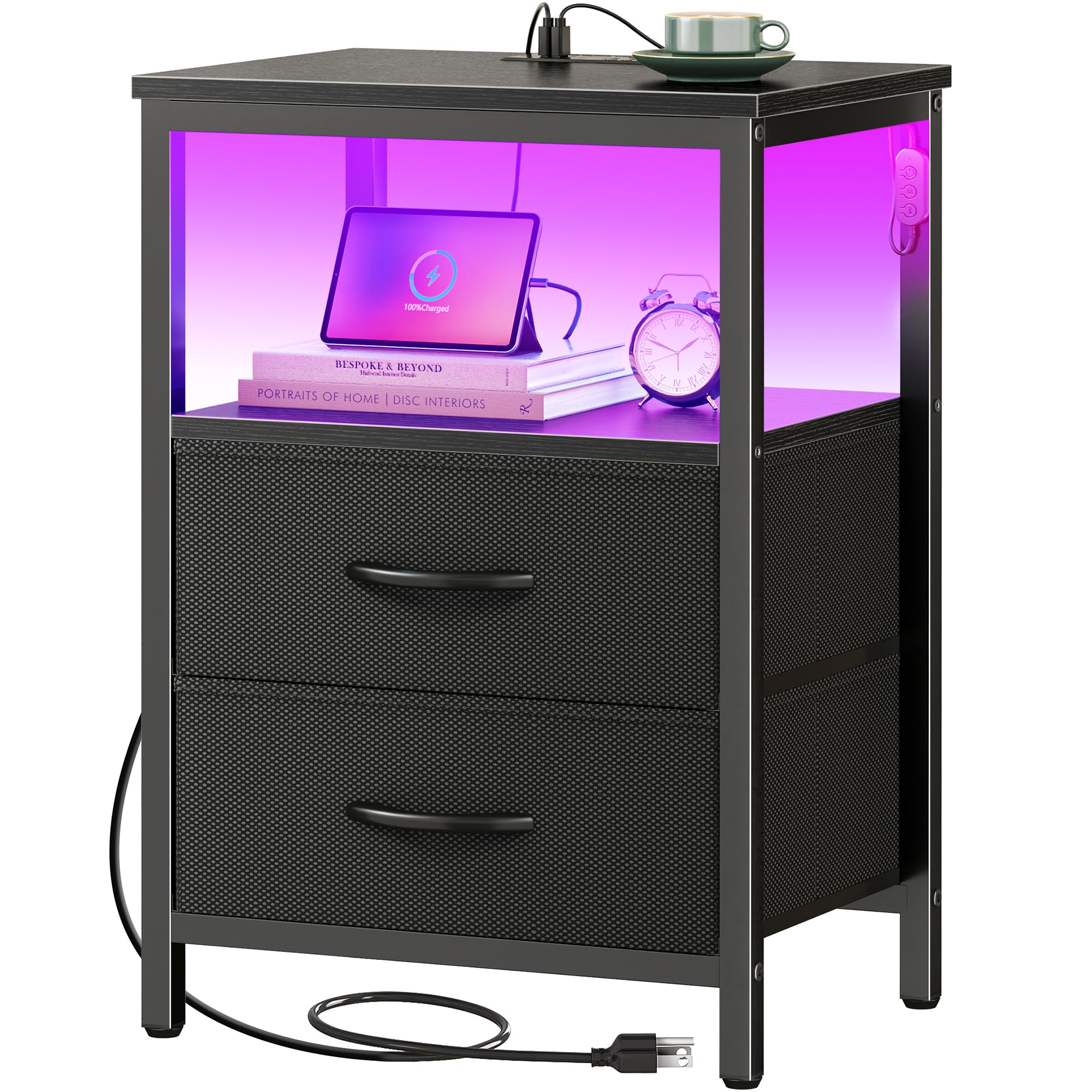 Huuger nightstand with charging station and accessible outlets for bedside devices
