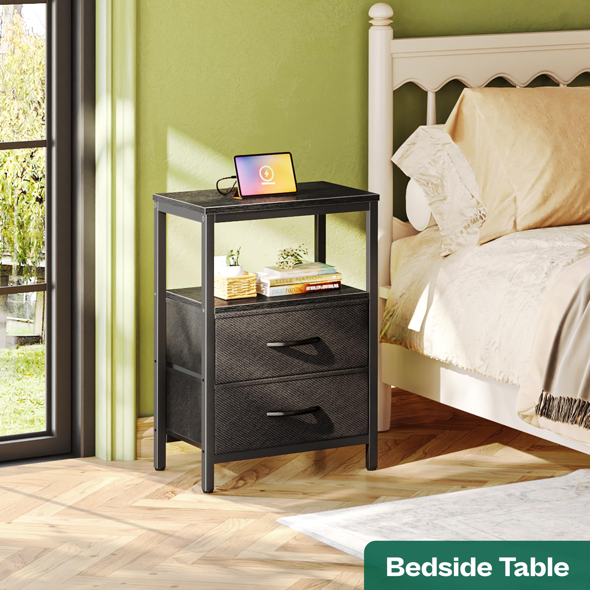 Huuger nightstand with fabric drawers open showing interior storage