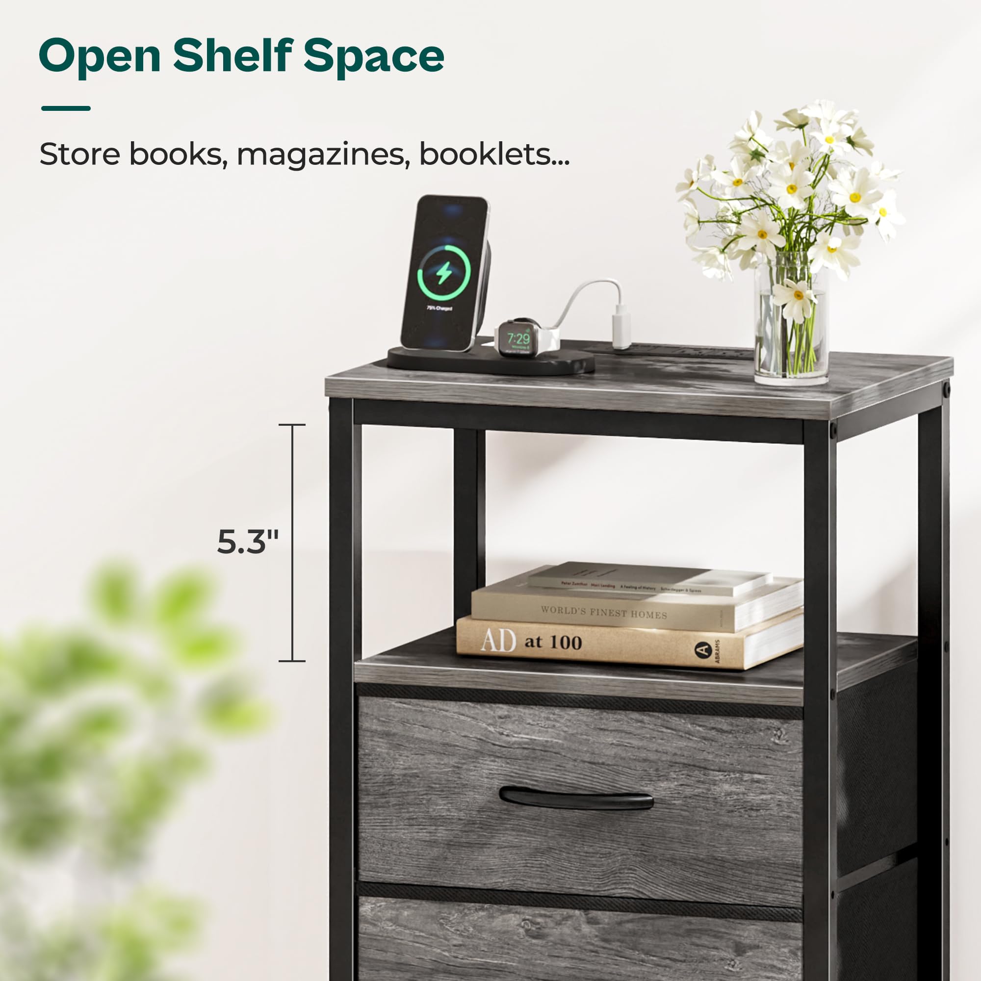 Huuger nightstand grey fabric drawers add soft texture and storage.