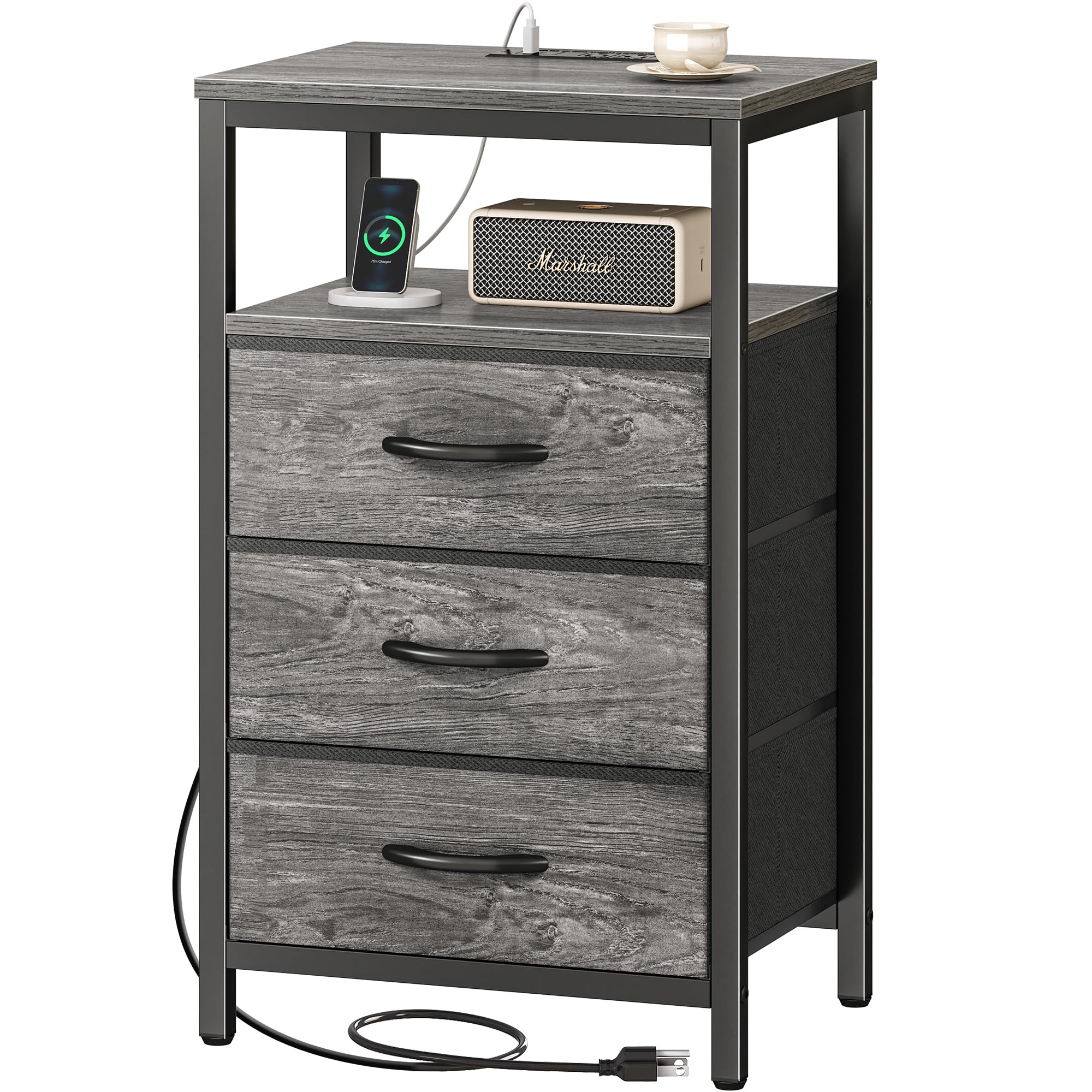 Huuger nightstand grey finish complements contemporary bedroom décor.