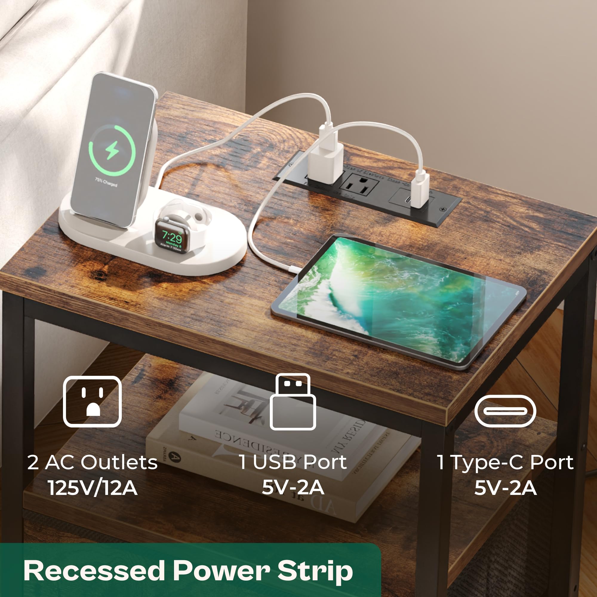 Huuger nightstand open shelf provides quick access to books and remotes.