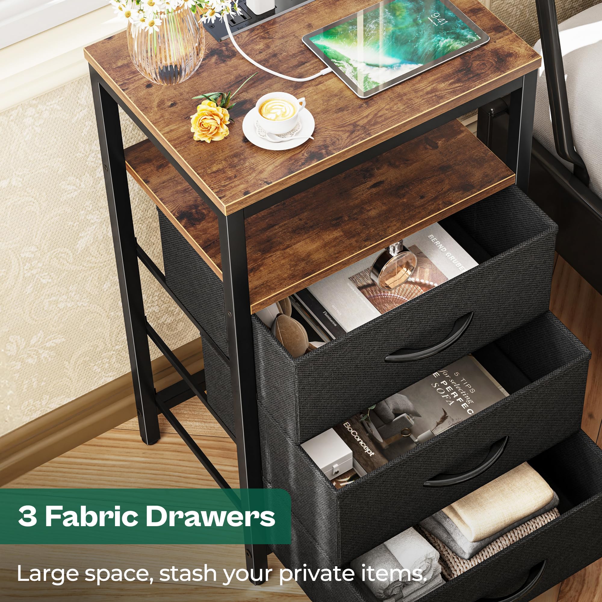 Huuger nightstand open shelf organizes books and remotes at arm's reach.