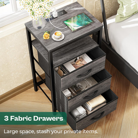 Huuger nightstand open shelf and fabric drawers in a modern bedside setup.