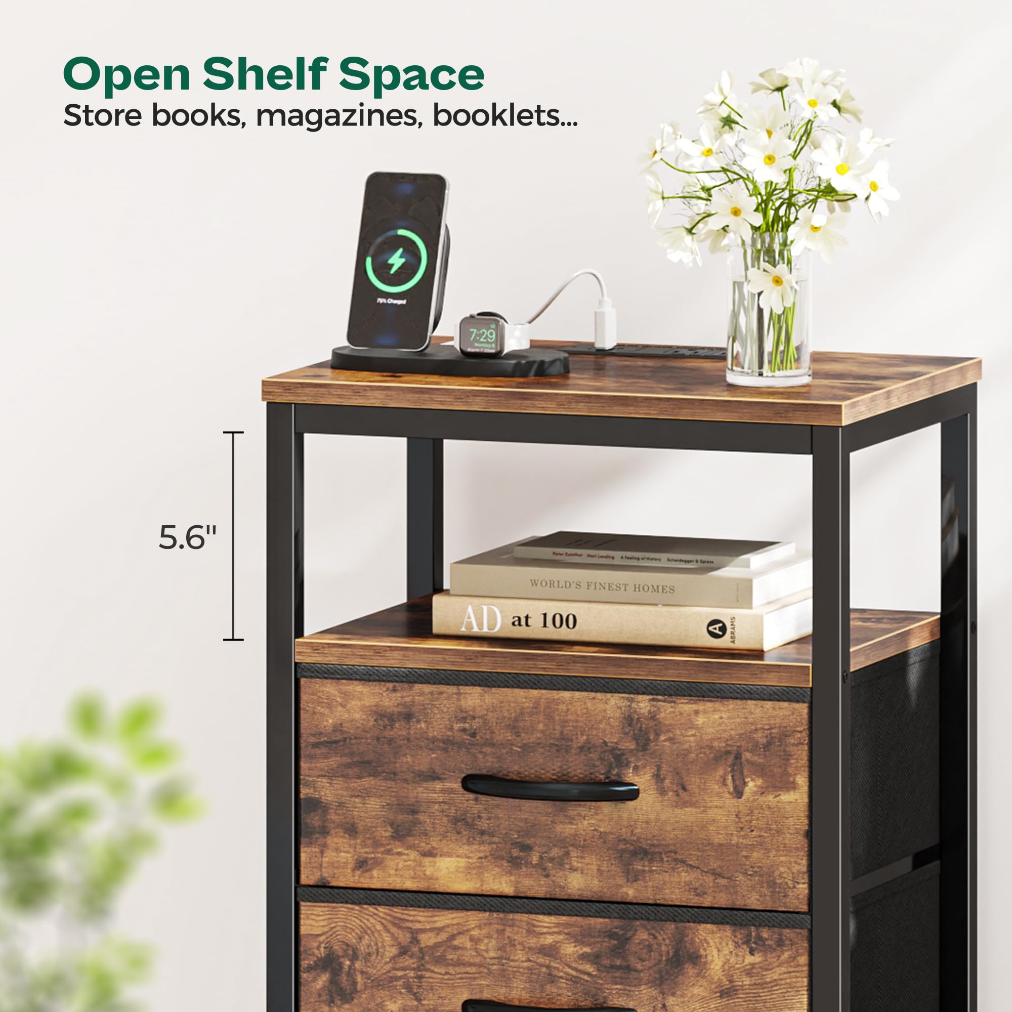 Huuger open shelf provides quick-access display and storage.