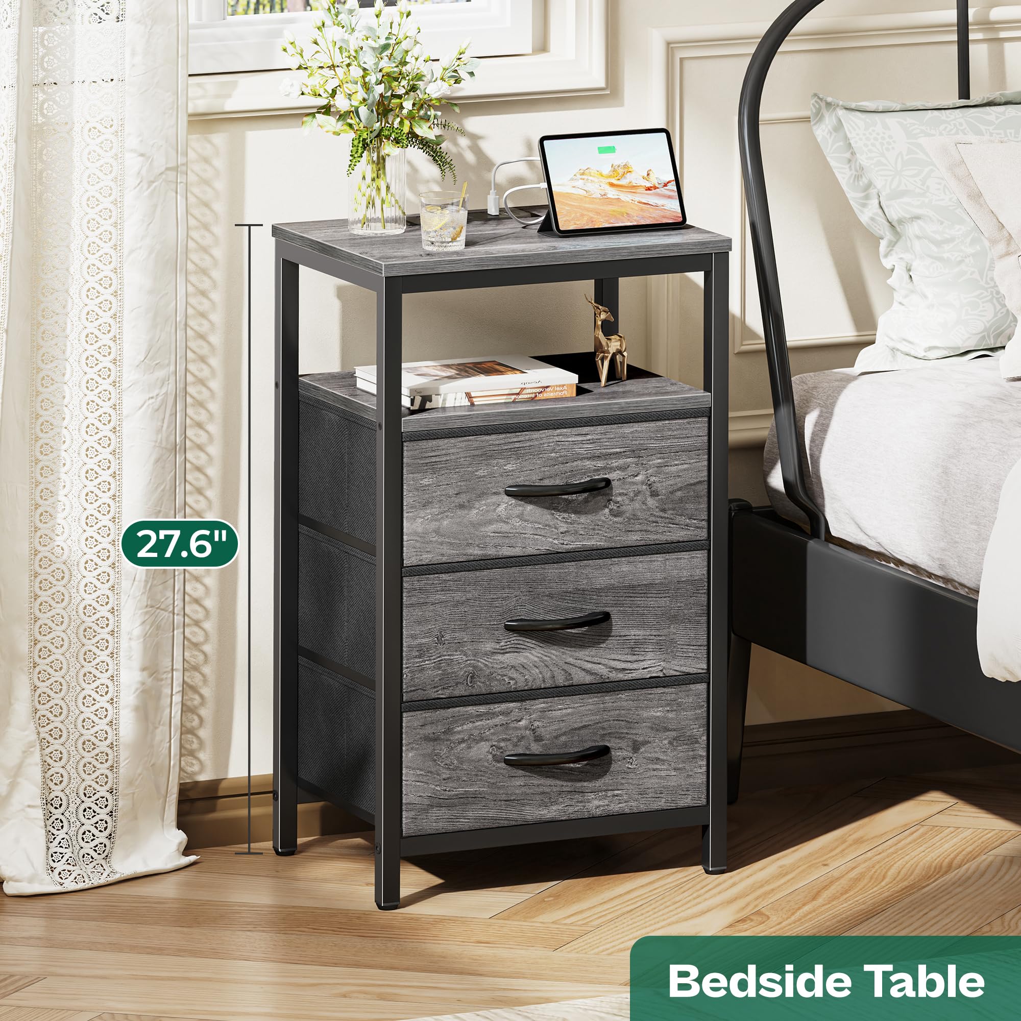 Huuger nightstand outlets close-up showing USB and Type-C ports for convenient charging.