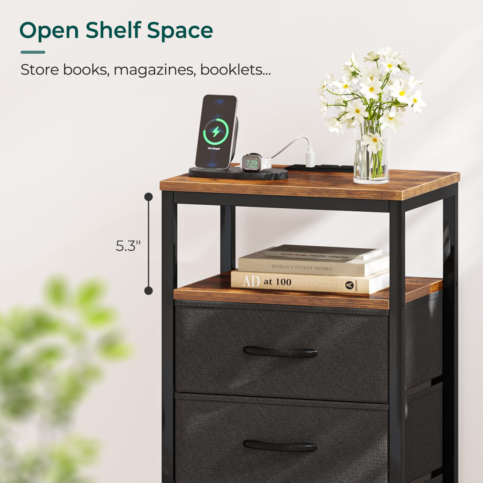 Huuger nightstand steel frame and finish ensure durability for daily use.