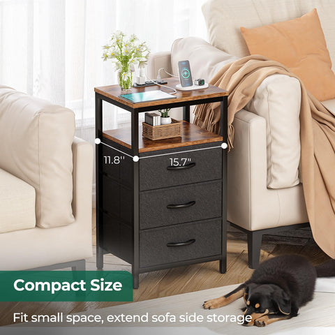 Huuger nightstand rustic brown and black finish blends with decor.