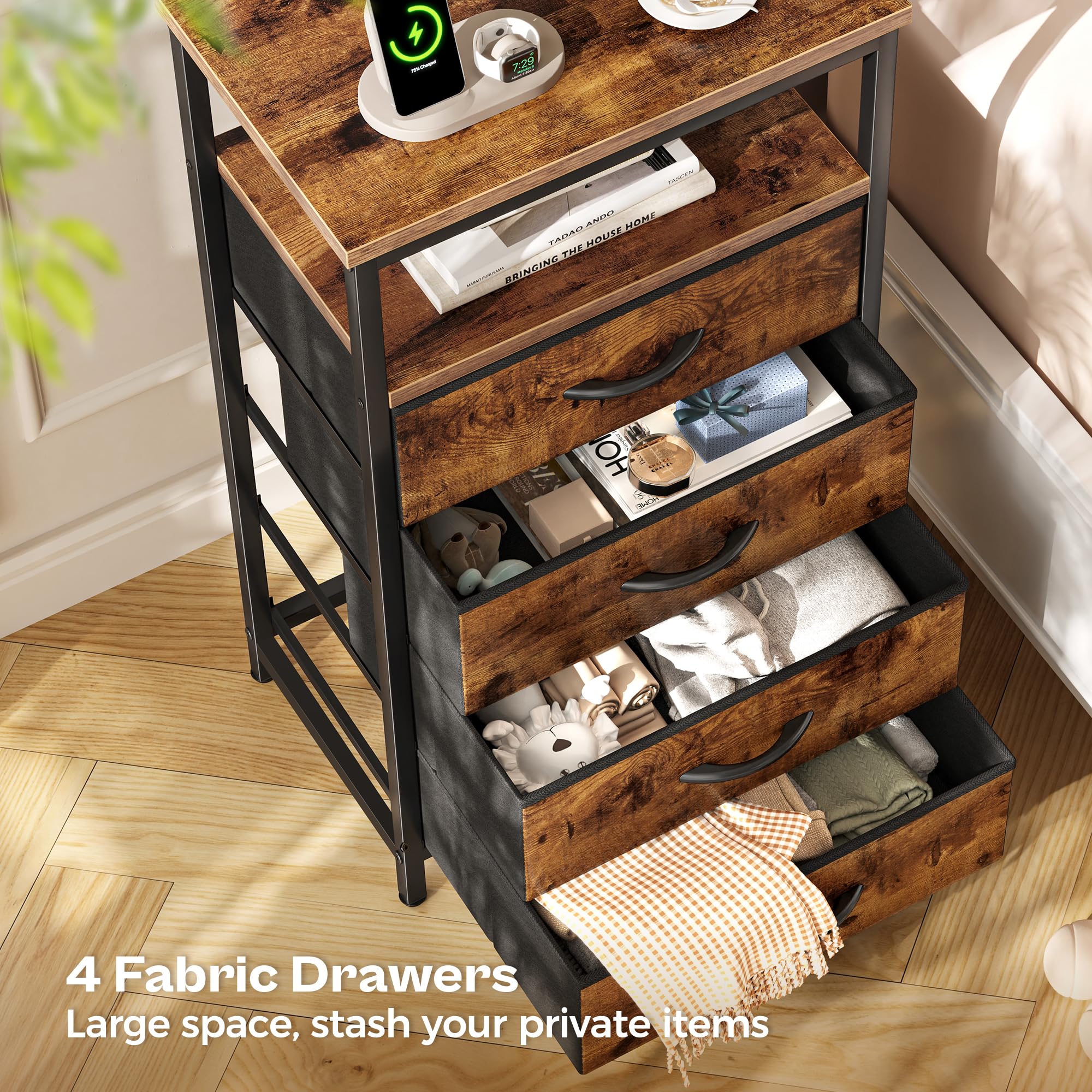 Huuger rustic brown finish enhances bedroom decor with warmth.